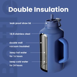 BOTTLE BOTTLE Insulated Water Bottle 64 oz with Straw and Dual-use Lid Sport Stainless Steel Water Bottle for Men with Handle Vacuum water jug for Workout Gym Soccer and Sports(blue)