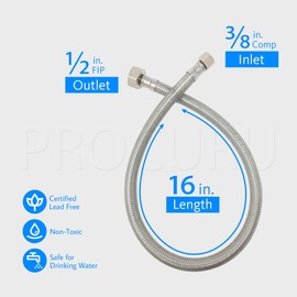 [4-Pack] PROCURU 16-Inch (1.3Ft) x 3/8" Comp x 1/2" FIP Faucet Hose Connector, Stainless Steel Braided Supply Line, Certified Safe (9SF16-4P)