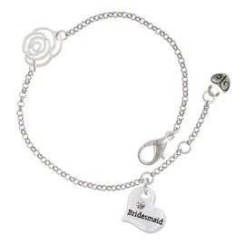 Delight Jewelry Silvertone Small Bridesmaid Heart - Silver-tone Rose Link Charm Bracelet, 6.25"+1.75" Extender