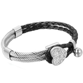 Cupimatch Women's Braided Cuff Cord Chain Leather Band Stainless Steel Heart Shape Love Rhinestone Ball Pendant Bangle, Stainless Steel