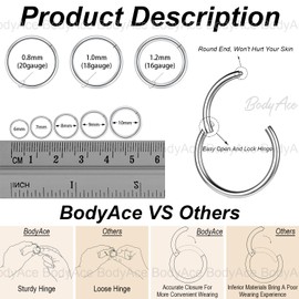 BodyAce 1pc Titanium Hoop Rings for Piercings, Helix Tragus Earrings Hoop Nose Rings 20G 18G 16G Lip Rings, Stainless Steel Sleeper Hinged Huggie Hoops (Silver, 18G, Hoops:9mm)