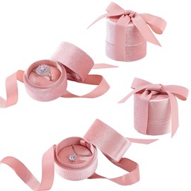 AHANDMAKER 2Pcs Ring Box Velvet Ring Gift Box Gorgeous Column Wedding Ring Box with Elegant Ribbon Bow Premium Jewelry Storage Case for Wedding Engagement Proposal Keepsake Ceremony (Pink, 1 Slot)