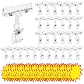 Yauhar 60Pcs Plastic Clear Sign Holder and Blank Price Label Tags Set, Swivel Rotatable Rack Shelf Display Card Holder for Hangrails Retail Supermarket Shopping Mall Store