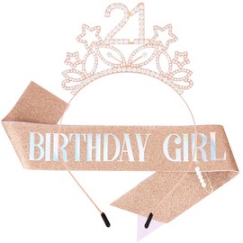 Ondder Rose Gold 21st Birthday Sash and Tiara Shiny Crown and Sash Kit 21st Birthday Decorations Headband and Sash for Girls
