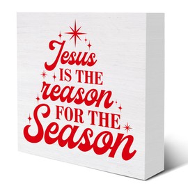 Mukjyuyi Rustic Christmas Wooden Box Sign, 5 x 5 Inches, Jesus Is the Reason for the Season, Christmas Decorative Sign for Home, Office, Bedroom
