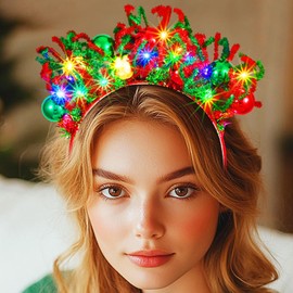 Handcess Light up Christmas Headband Sparkly LED Hair Band Glowing Christmas Ball Hair Hoop Glitter Xmas Hair Accessories for Women