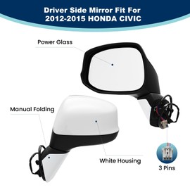 xingsichuang Left Driver Side Mirror For (2012 2013 2014 2015) HONDA CIVIC with Power Mirror Manual Folding丨Without Turn Signal Light Non-Heated Match to White Replace#76252TR0A01(3 Pins)