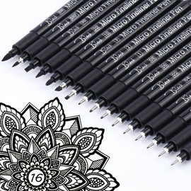 KERIFI Micro Fineliner Drawing Pens for Artists, 16 Black Fine Liner Markers, Waterproof Archival Ink Multiliner Pens, Technical Mandala Zentangle Book Accessories, Art Supplies Stuff Gifts for Adults