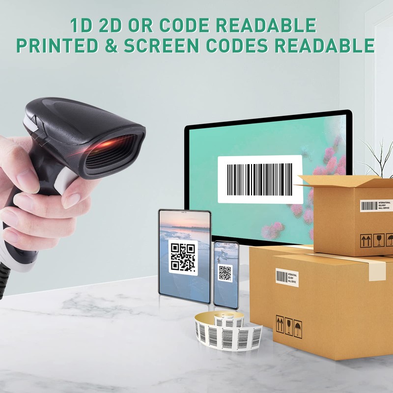 JRHC Wired 2D QR Barcode Scanner, Handheld Barcode Scanner, 1D
