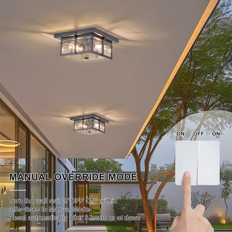 Motion Sensor Outdoor Flush Mount Ceiling Light, Industrial Glass Rustic