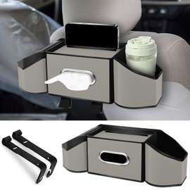 Hiitytin 7-In-1 Car Seat Back Organizer with 3.74” Cup Holders, Tissue Box, Garbage Can & Hooks, Multifunctional Car Seat Back Storage Box, Extra Headrest Cup Holder for Backseat (Gray)
