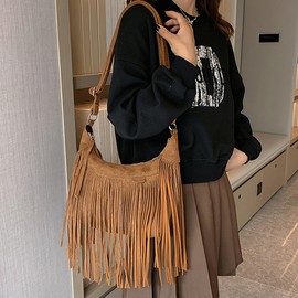 Aisi Women Vintage Tassel Crossbody Bag Vegan Suede Leather Satchel Handbags Purse Messenger Fringe Shoulder Bag