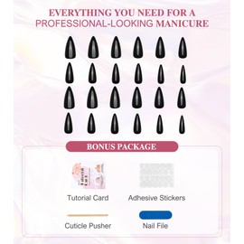 Black Press On Nails - Aegenacess Jelly Stiletto Fake Nails with Glue Sticker, Press On Nails Long, Glossy Stick On Nails in 12 Sizes, 24PCS Glue On Nails