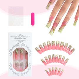 Kamize Square Press on Nails French Long Fake Acrylic Nails Full Cover False Nails for Women and Girls 24PCS