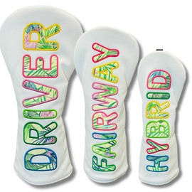 Golf Headcover Stylish Cool 【Lettering Lines】Aurora, Hologram Lettering, Driver Fairway Hybrid (UT), White, Waterproof, (For Flip (Sunny Island), Driver)