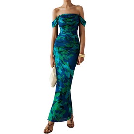 PRETTYGARDEN Women's Ruched Bodycon Maxi Dress 2025 Summer Off Shoulder Floral Mesh Cocktail Party Fitted Dresses (Green Floral,Small)