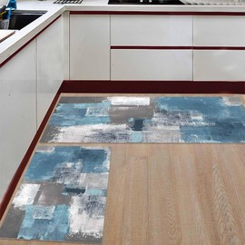 Libaoge Dusty Blue Kitchen Rugs and Mats Set of 2 Blue Grey Abstract Mordern Anti Fatigue Kitchen Mats for Floor Kitchen Sink Mat Area Runner Rug for Home Dining Room Office 19.7"x31.5"+19.7"x47.2"
