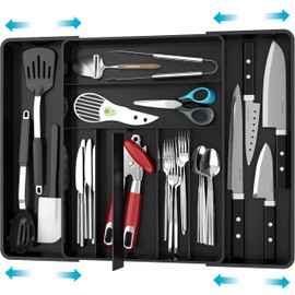 Simple Houseware Expandable Kitchen Drawer Flatware Organizer, Black – Adjustable Cutlery Tray with 9 Compartments for Utensils and Silverware