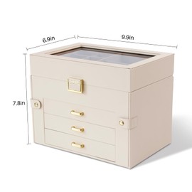KAMIER Jewelry Organizer Box,5-Layer Jewelry Box for Women with Glass Lid,Jewelry Storage Box for Earrings Bracelets Rings Necklaces.Beige