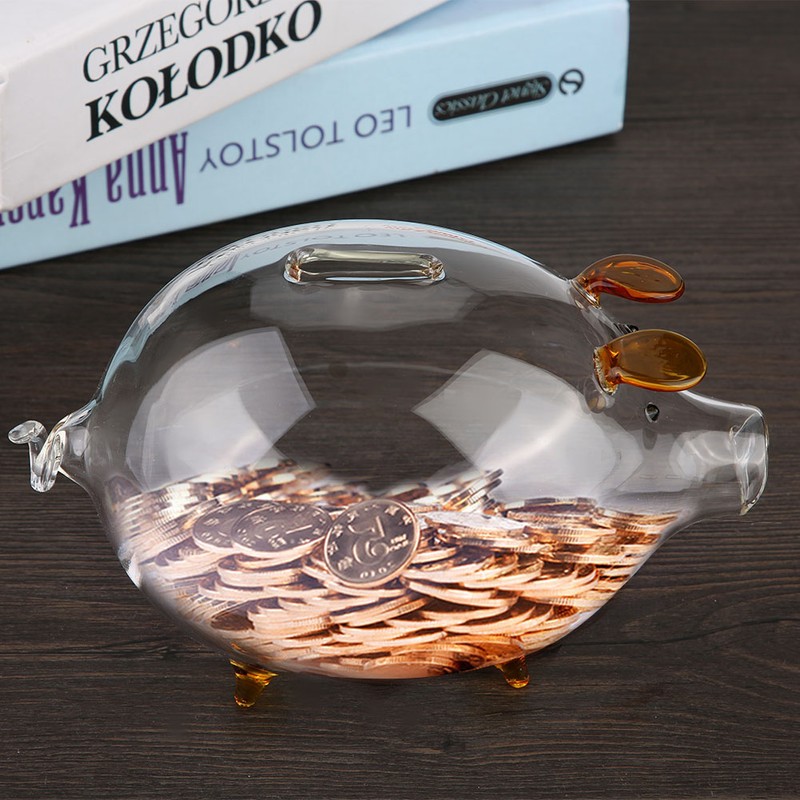 Transparent Glass Pig Coin Saver Bank Piggy Money Saving Box