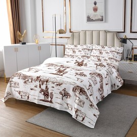 Western Cowboy Bedding Quilt King Size,Vintage Southwest Style Bedspread Desert Cactus Cow Horse Animals Comforter Set for Kids Boys Girls Adult Room Decor,Sketch Brown White Coverlet Set 3Pcs