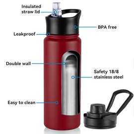 24oz Insulated Water Bottle with Straw Lid, Stainless Steel Metal Water Bottle with Straw & Wide Mouth Lid, Double Wall Vacuum Water Bottle for Hiking Camping, Red 4 Pack