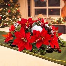 DEEMEI Artificial Christmas Flowers Poinsettias Floral Balls Centerpiece Fake Poinsettia Xmas Arrangement for Table Runner Home Decorations