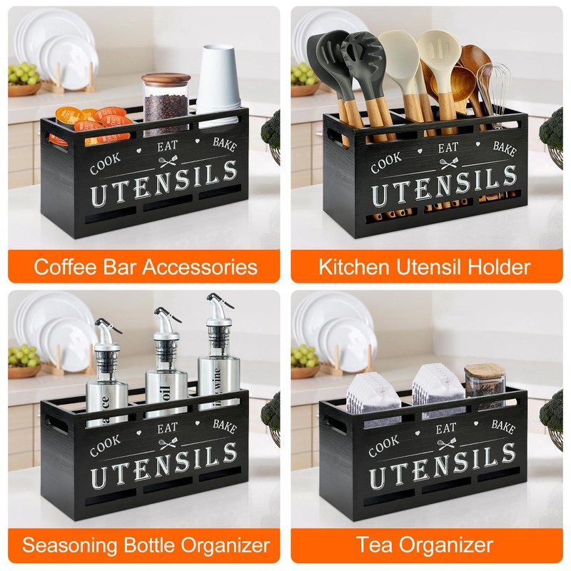 Extra Large Black Wood Utensil Holder Organizer Farmhouse Kitchen Decor