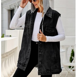 Anzber Women's Denim Vest Oversized Casual Classic Sleeveless Button Denim Jacket,Black with cap,M