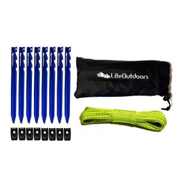 LITEOUTDOORS Ultralight Tent Stake Kit - Aluminum Tent Pegs, Reflective Guyline, Cord Tensioners - for Backpacking, Hiking, Camping (Tent Stake Kit 8 (Stakes, Guyline, Tensioners))