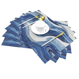 Juego de 4 manteles individuales de lino de color azul y blanco, lavables resistentes al calor, decorativos, color azul océano, blanco, decoración de mesa para el hogar, comedor, fiestas, uso al aire
