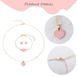 Pink Heart Jewelry Set for Women Gold Plated Jewelry Sets for Women Heart Necklace And Earring Set Womens Gold Chain Link Bracelet Dainty Jewelry Set Rose Gold Heart Pendant Necklace