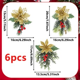 Bekecidi 6PCS Christmas Glitter Poinsettia Flowers Artificial Berry Branch Poinsettia Artificial Flowers Gold Christmas Tree Flowers with Clips for Winter Christmas Wedding Party Decoration (gold)