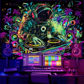 TUGCAY Blacklight Astronaut Tapestry, UV Reactive Funny DJ Music Tapestry Trippy Hip Hop Coconut Tree Galaxy Space Wall Hanging Tapestries Decor for Home 59.1in x 51.2in