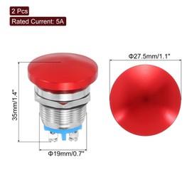METALLIXITY 2PCS 5A 19MM 3/4" Momentary Mushroom Head Push Button Switch 12V 24V 120V 250V AC Red 1NO Waterproof IP65 SPST Domed Round 2 Screw Foot Switch
