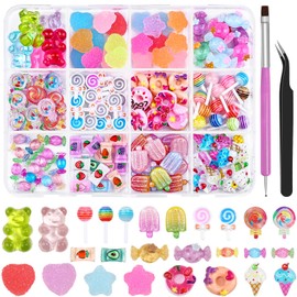 3D Candy Nail Charms Kit, 12 Grids Multi Color Sweet Lollipop Donuts Doughnut Gummy Star Heart Bears Cute Nail Embellishments for Nail Art, Craft with Tweezer and Pickup Brush (1-12 Grids-Candy)