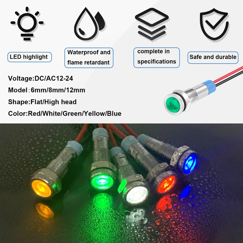 smseace 5Pack 1/4''(6mm) AC/DC12-24V LED Indicator Light Waterproof IP65 24
