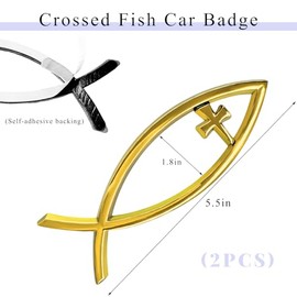 2PCS Christian Cross Fish Car Emblem, Large Jesus Fish Cross Auto Emblem Badge Bumper Sticker, Weatherproof Christian Fishes Symbol Ichthus Religious 