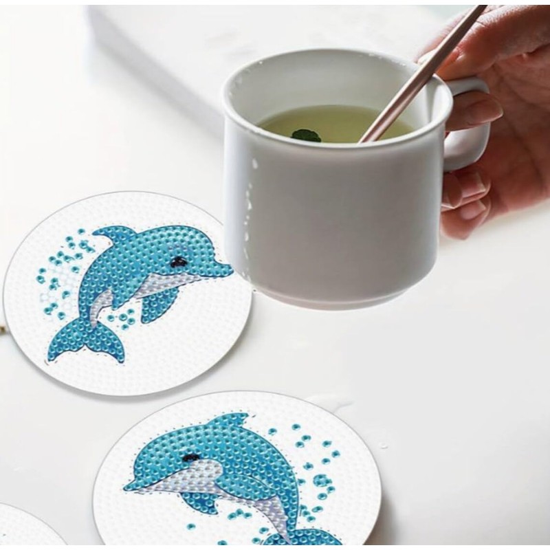 5D Diamond Art Dolphin Coasters, DIY Diamond Coaster Set for