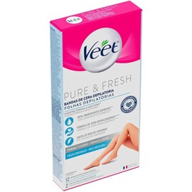 Veet Pure & Fresh, Bandas de Cera Depilatoria, Piernas y Cuerpo, Piel Sensible, 12 piezas