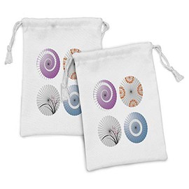 Lunarable Japanese Fabric Pouch Set of 2, Traditional Parasol Motif with Different Cover from Wind Rain and Sunshine, Small Drawstring Bag for Toiletries Masks and Favors, 9" x 6", Multicolor