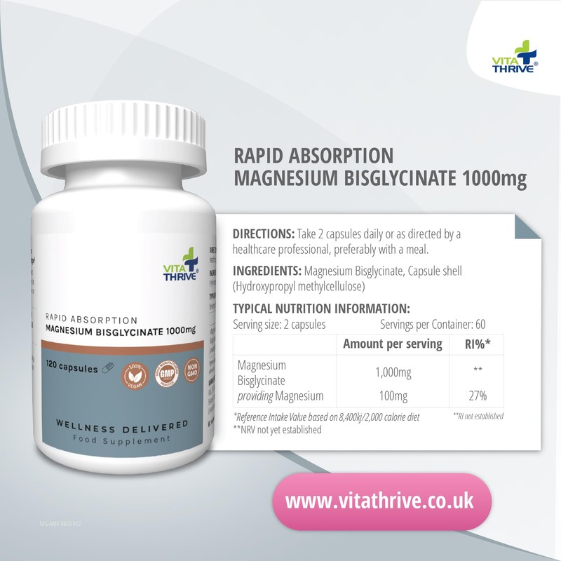 VitaThrive® Rapid Absorption Magnesium Bisglycinate 1,000mg (100mg Elemental Vegan Magnesium)