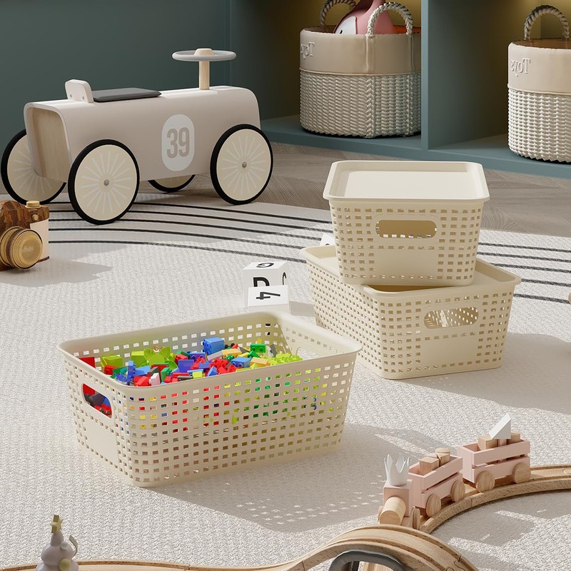 Resze 6 Pack Plastic Storage Baskets with Lids, Breathable Stackable