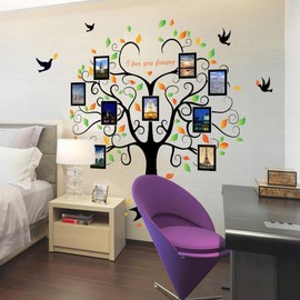 Beautiful Huge Family Tree Wall Decal,Waterproof Removable Heart Shape Wall Decor with Leaves and Birds Family Tree Photo Frame for Kids Room Children's Bedroom Home Art Decoration