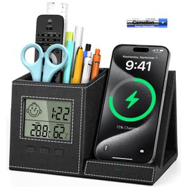 TopMade Pen Holder with Wireless Charger, Digital Thermometer & Humidity Gauge, Plastic, Unisex, 1 Count, 0.44 kg, Pencil-holders, Home Office Organizers