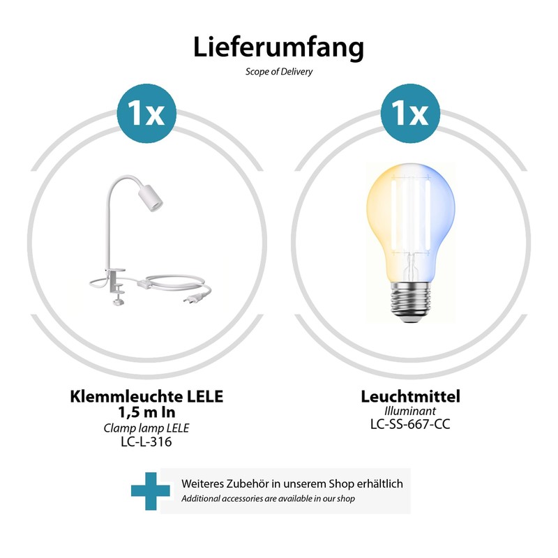 ledscom.de LELE Clamp Light with Gooseneck White + E27 LED