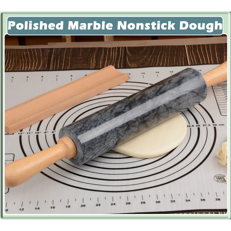 SIPARUI Marble Rolling Pin with Wooden Cradle Thick Handle Set