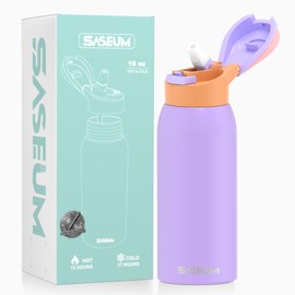 Saseum Kids Water Bottle, 16 oz Insulated Stainless Steel Insulated Water Bottle, Bpa-Free Double-Wall Vacuum Bottle with Soft Silicone Spout, Perfect for School, Sports & Travel