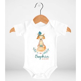 SpecialMe® Baby Bodysuit with Name and Date Print Boho Fox Gift for Birth Short Sleeve Organic Cotton, Fox Boho White