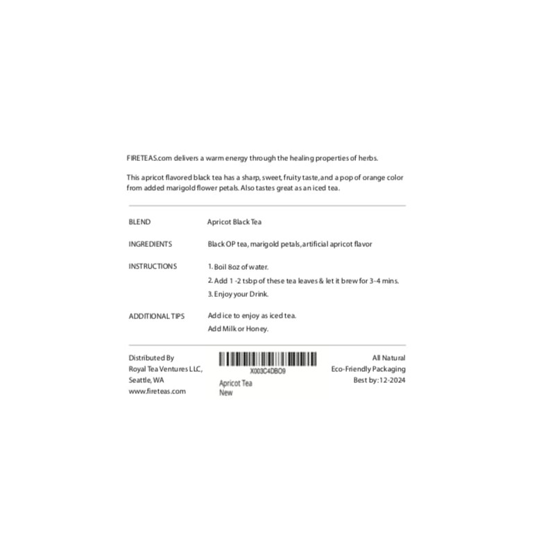 FIRE TEAS Apricot Tea - Loose Leaf Tea -
